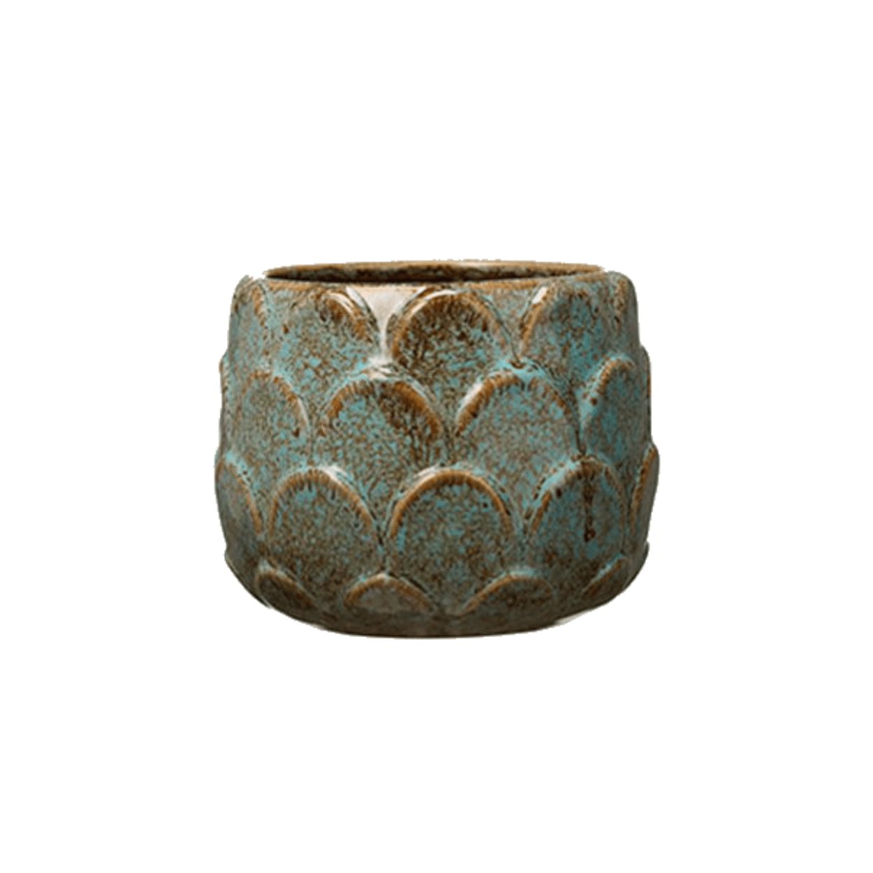 sabrina plant pot with leafy decorative petals and two tone glaze