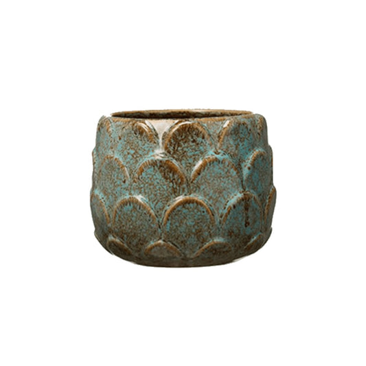 sabrina plant pot with leafy decorative petals and two tone glaze