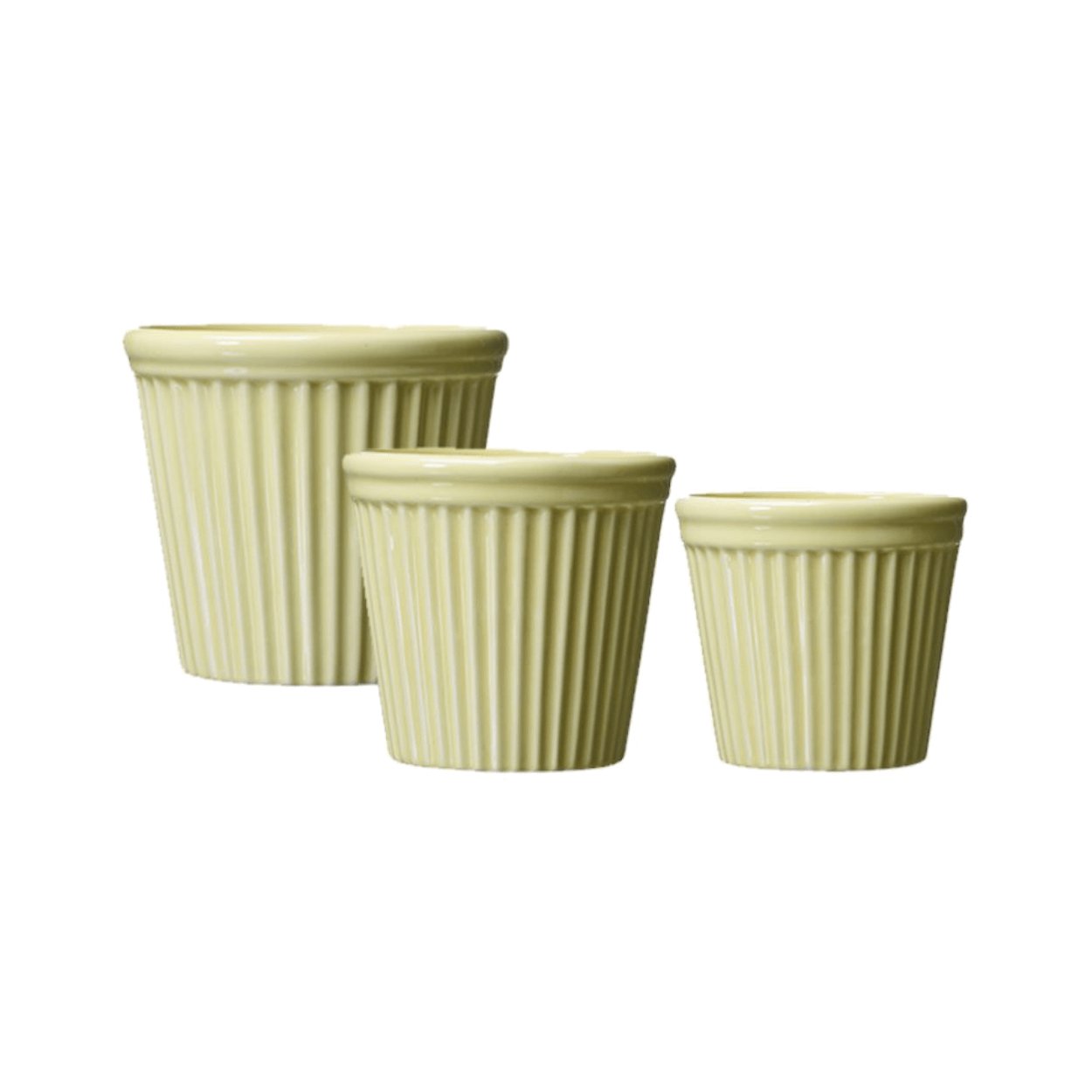 set of 3 estrid plant pots with decorative vertical lines and glazed in a creamy lemon
